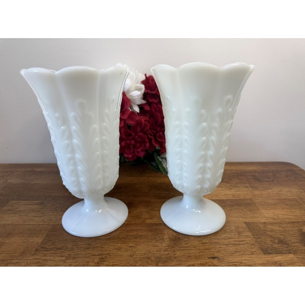 Vintage Fern Leaf Milk Glass Vases Pair White Pedestal Vases Wedding Decor Retro